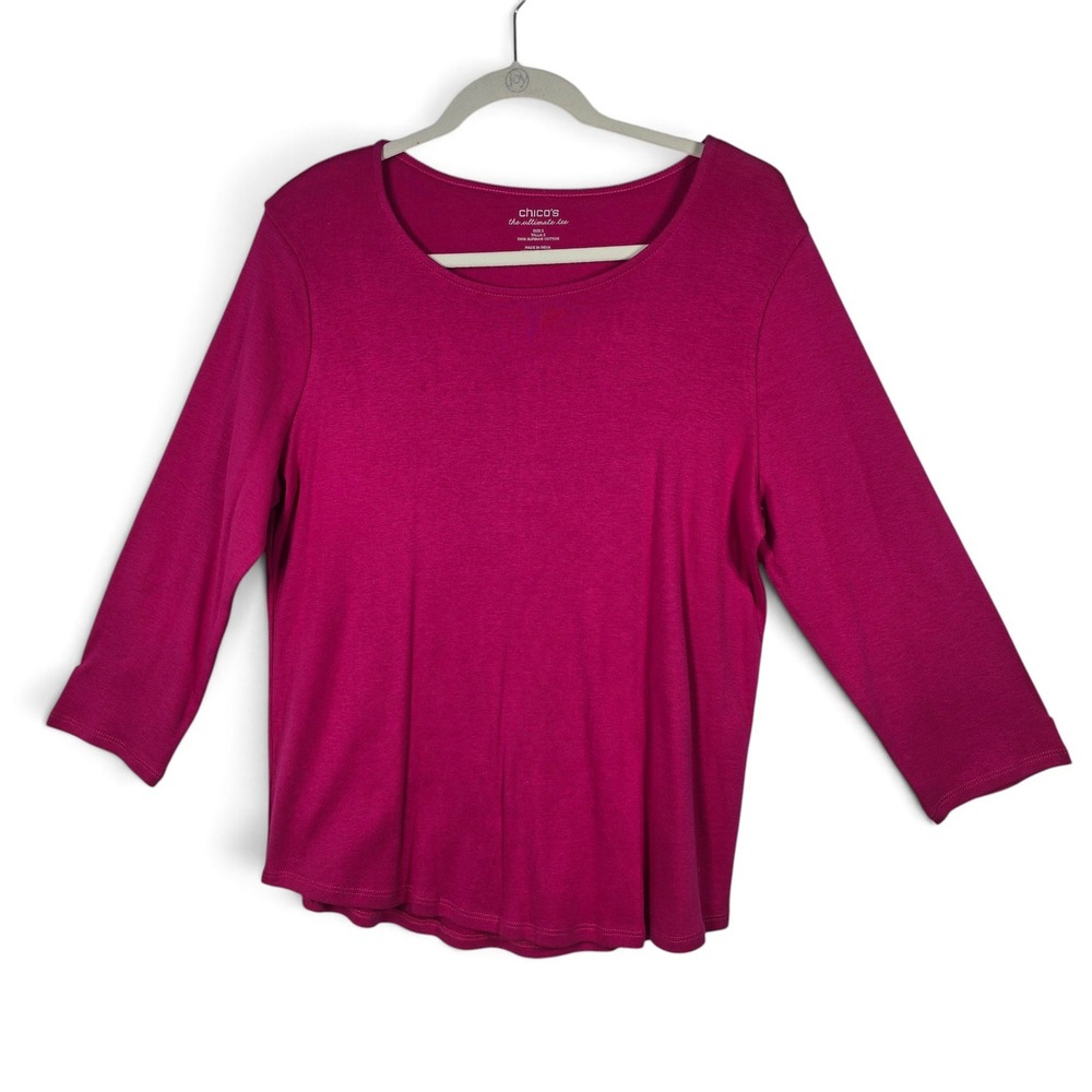 Chico's Women Large Ultimate Tee Pink 3/4 Sleeve Supima Cotton Scoop Neck Solid